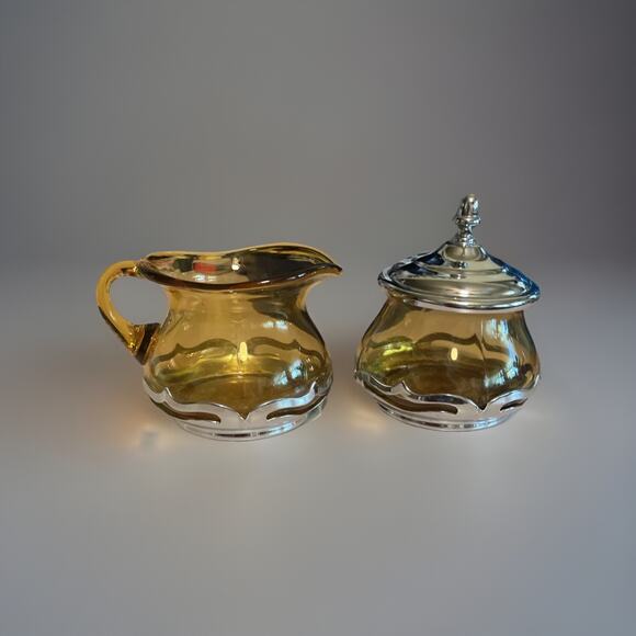 Faber Bros Krome-Kraft Vintage Glass Amber Chrome Creamer & Sugar w/ Liid Set - Picture 1 of 13